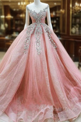 Gorgeous Pink Lace Beaded Princess Dream Wedding Dress Semi Formal Prom Dress